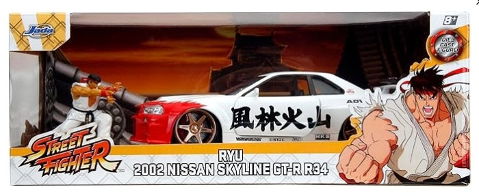 Jada Toys Hollywood Rides Street Fighter Ryu & 1/24 Scale 2002 Nissan Skyline GT-R