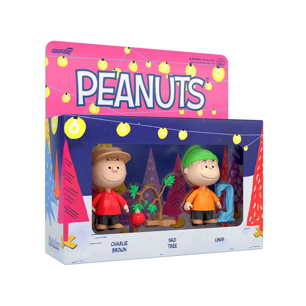 Super7 Peanuts ReAction Figure Holiday 2 Pack - Charlie Brown with Sad Christmas Tree and Linus